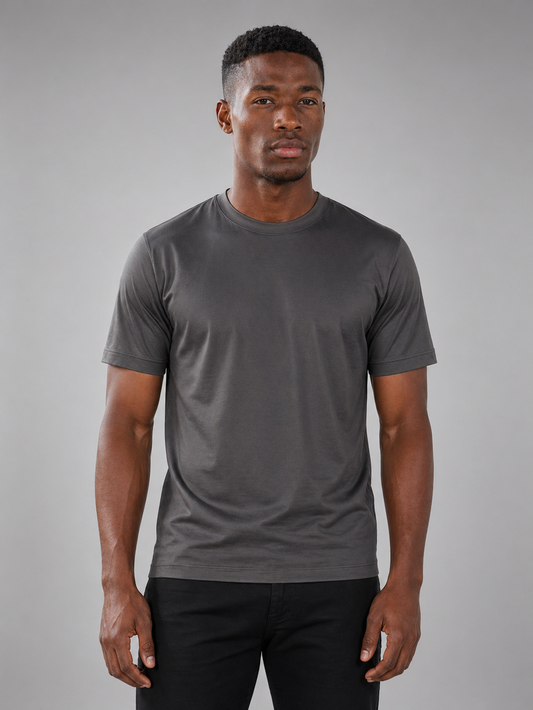 Vooraanzicht grijs glans t-shirt van gemerceriseerd katoen, RARE SOCIETY Signature Tee Charcoal Grey