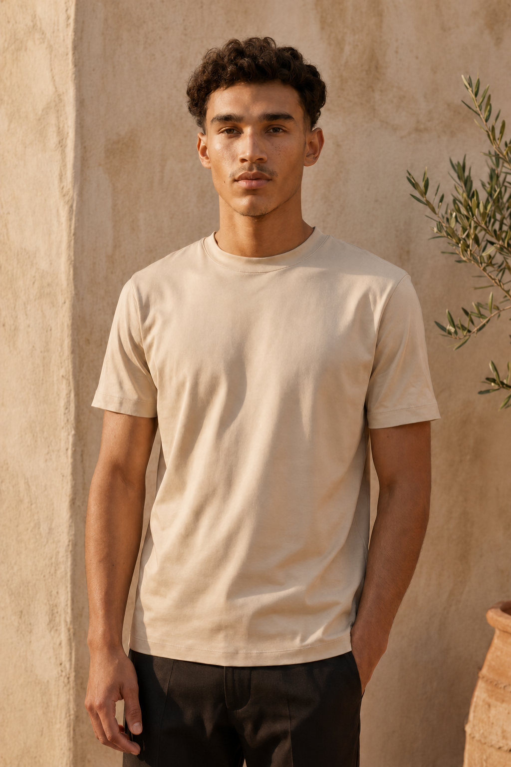 Beige glans t-shirt heren gedragen, RARE SOCIETY Signature Tee Clay Beige